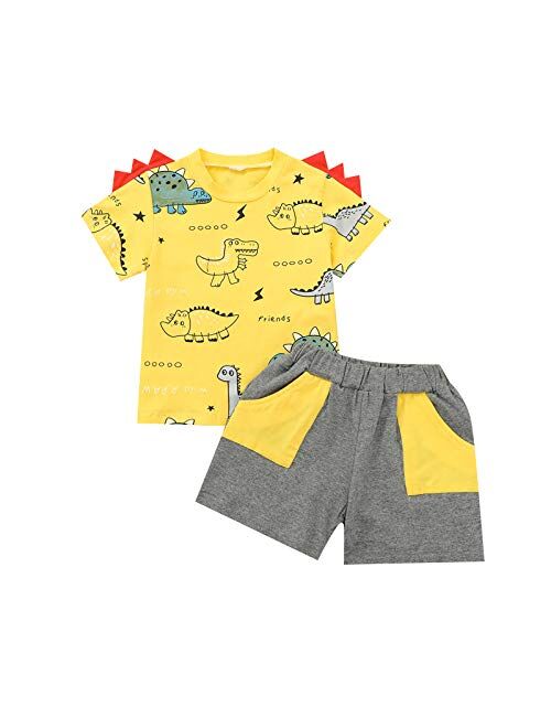 Ledy Champswiin Toddler Boy Clothes Unisex Baby Summer Outfit Dinosaur Letter Print Cotton Tops+Grey Elastic Shorts 2pcs