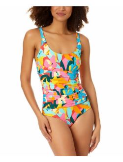 Women's Printed Plumeria Scoop-Neck Shirred One-Piece Swimsuit