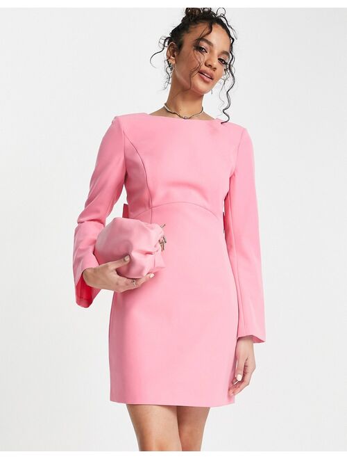 Ever New bow back fluted sleeve mini dress in pink