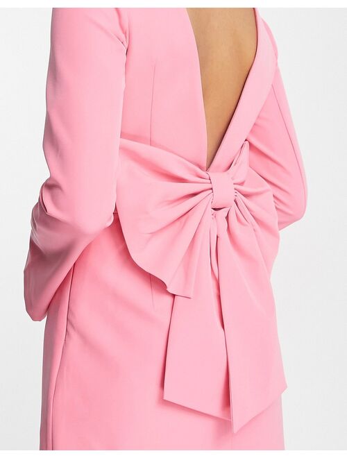 Ever New bow back fluted sleeve mini dress in pink