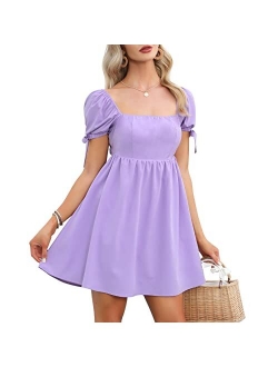 EXLURA Womens Summer Dress Square Neck Backless High Waist Tie Back Short Puff Sleeve Babydoll Mini Dress Sundress