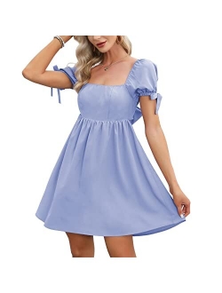 EXLURA Womens Summer Dress Square Neck Backless High Waist Tie Back Short Puff Sleeve Babydoll Mini Dress Sundress