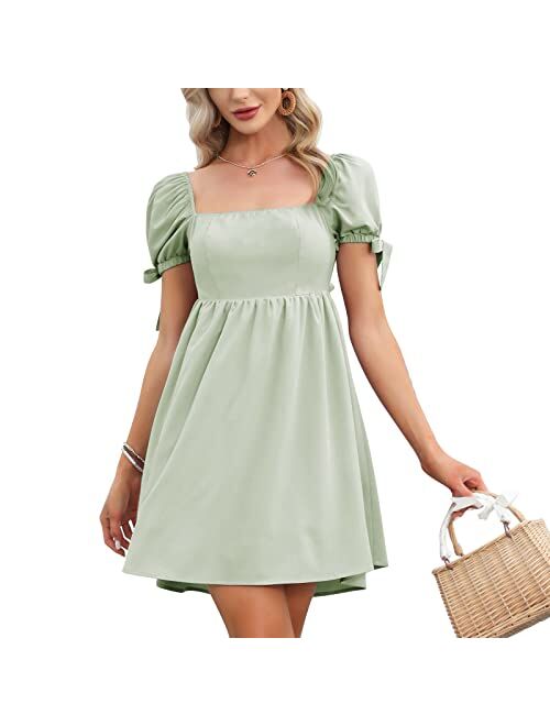 EXLURA Womens Summer Dress Square Neck Backless High Waist Tie Back Short Puff Sleeve Babydoll Mini Dress Sundress