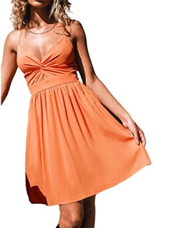 Smocked Slip Mini Dress for Women Summer Beach Dress Spaghetti Strap Cut Out V Neck Short Length