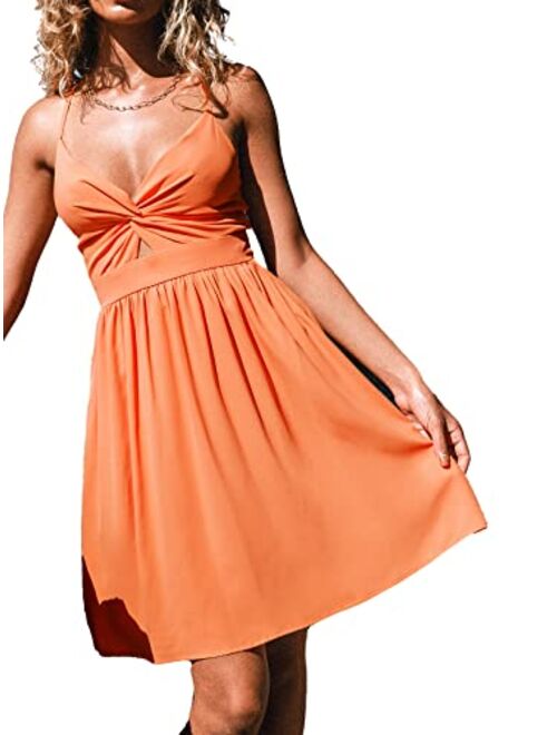 CUPSHE Smocked Slip Mini Dress for Women Summer Beach Dress Spaghetti Strap Cut Out V Neck Short Length