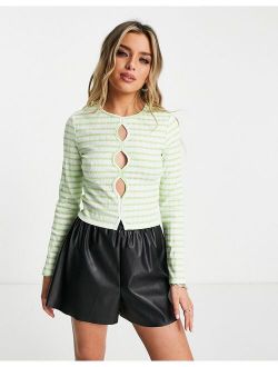 front cut-out striped long sleeve top in green and white