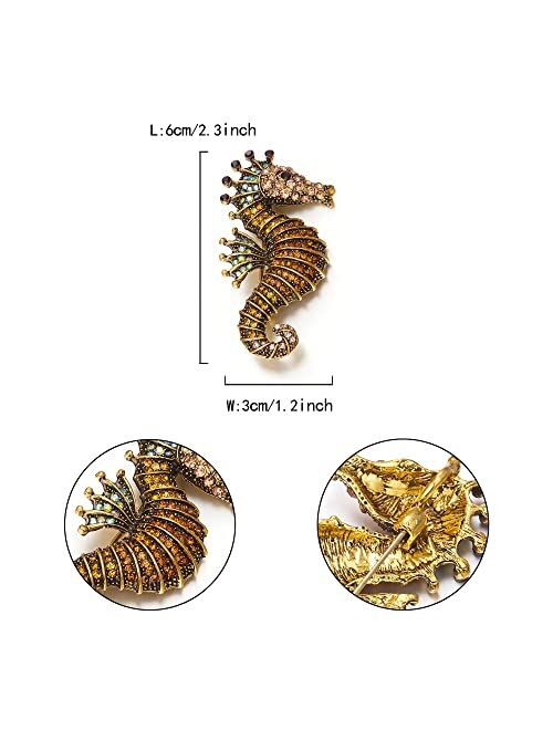 Flyonce Sea Horse Brooch for Women Girls, Rhinestone Crystal Oceam Marine Theme Lovely Cute Animal Lapel Pin