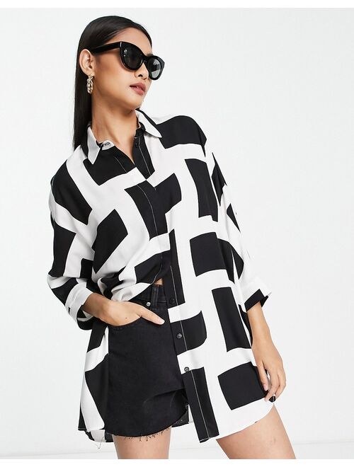 ASOS DESIGN oversized long sleeve shirt in mono grid print