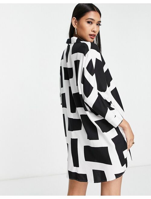 ASOS DESIGN oversized long sleeve shirt in mono grid print