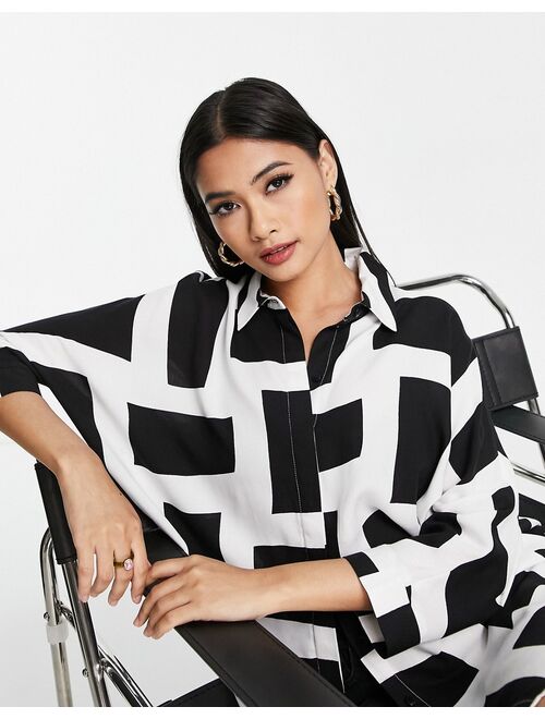 ASOS DESIGN oversized long sleeve shirt in mono grid print