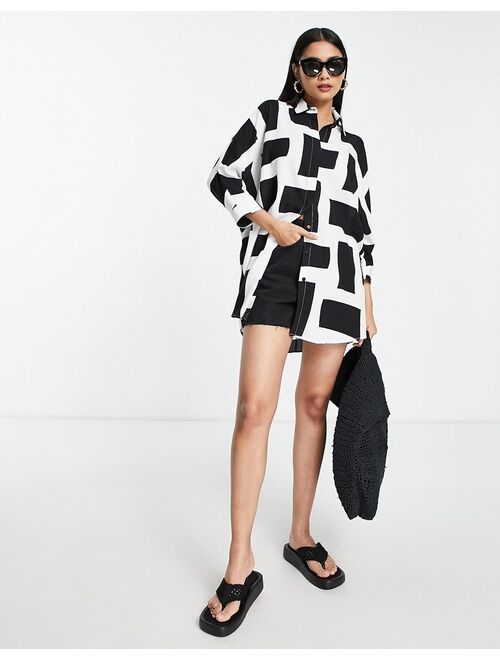 ASOS DESIGN oversized long sleeve shirt in mono grid print