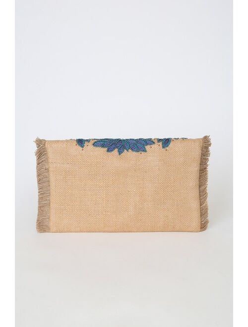 Lulus Island Vacation Tan and Blue Beaded Embroidered Clutch