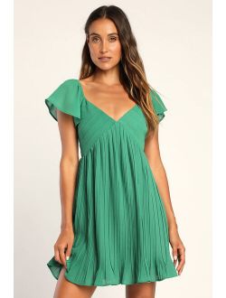 Amalfi Coast Green Pleated Flutter Sleeve Mini Dress