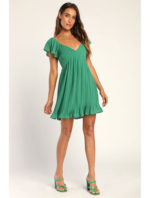 Lulus Amalfi Coast Green Pleated Flutter Sleeve Mini Dress