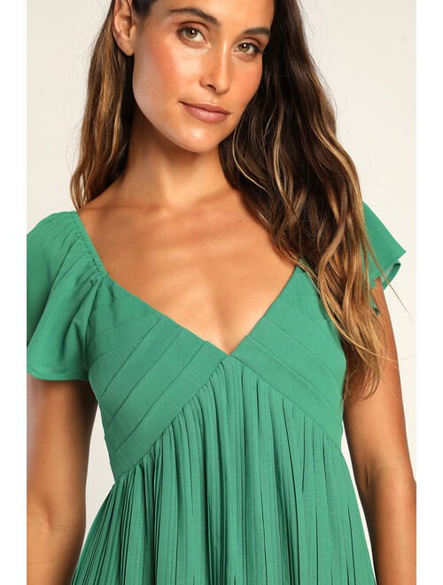 Lulus Amalfi Coast Green Pleated Flutter Sleeve Mini Dress