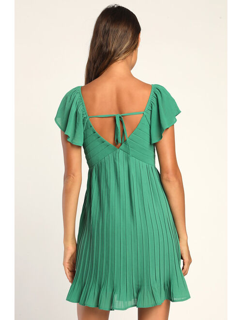 Lulus Amalfi Coast Green Pleated Flutter Sleeve Mini Dress