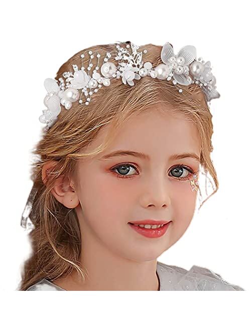 Campsis Princess Flower Crystal Headpiece Rhinestone Pearl Headband Alloy Floral Bridal Hair Accessories Communion Wedding Prom Photography for Girls and Women (Gold)