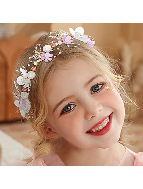 Campsis Princess Flower Crystal Headpiece Rhinestone Pearl Headband Alloy Floral Bridal Hair Accessories Communion Wedding Prom Photography for Girls and Women (Gold)