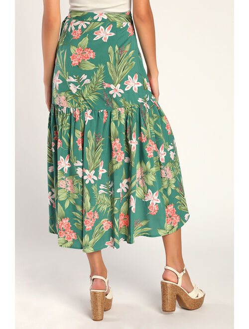 Lulus Blissful Vacation Green Tropical Print High-Low Wrap Maxi Skirt