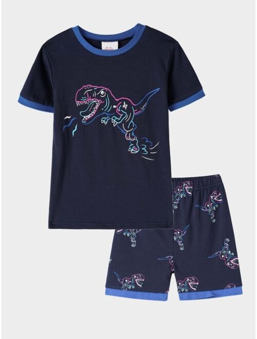 Shein Boys Dinosaur Print Tee & Shorts Snug Fit Loungewear Set