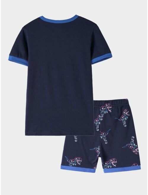 Shein Boys Dinosaur Print Tee & Shorts Snug Fit Loungewear Set