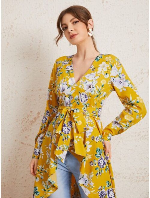 SHEIN Floral Print Self Belted Dip Hem Top