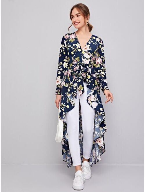 SHEIN Floral Print Self Belted Dip Hem Top