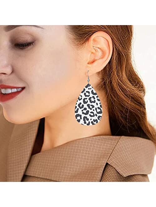 Fatttycy Black And White Buffalo Plaid Faux Leather Earrings For Women Dangle Lightweight Teardrop Earrings