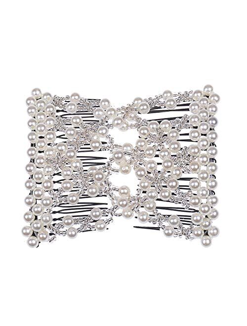 Ruihfas Delicate Women Girls Easy Stretch Pearls Combs Beaded Hair Comb Jewelry Double Clips (White)