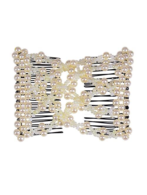 Ruihfas Delicate Women Girls Easy Stretch Pearls Combs Beaded Hair Comb Jewelry Double Clips (White)