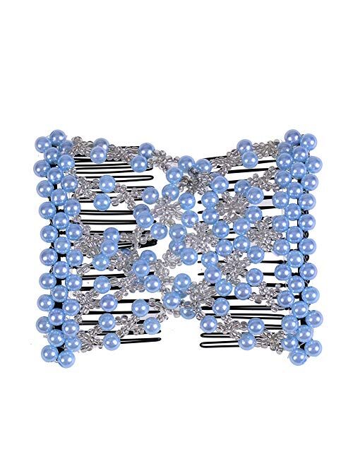 Ruihfas Delicate Women Girls Easy Stretch Pearls Combs Beaded Hair Comb Jewelry Double Clips (White)