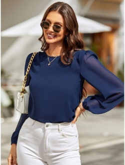 Lantern Sleeve Keyhole Back Blouse