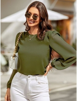 Lantern Sleeve Keyhole Back Blouse