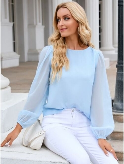 Lantern Sleeve Keyhole Back Blouse