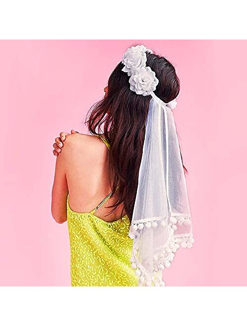 xo, Fetti Bachelorette Party Decorations Veil - White Flower Pom Pom Veil | Bridal Shower | Bride to Be Gift + Engagement Decorations