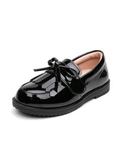 youngshow Girls Patent Leather Loafer Tassel Bow Flats with Hook-and-Loop Fastener School Uniform Dress Shoes for Girls