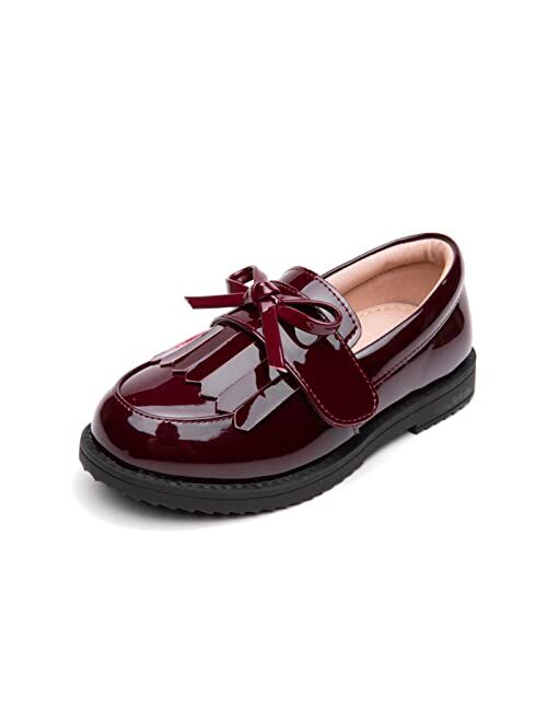 youngshow Girls Patent Leather Loafer Tassel Bow Flats with Hook-and-Loop Fastener School Uniform Dress Shoes for Girls