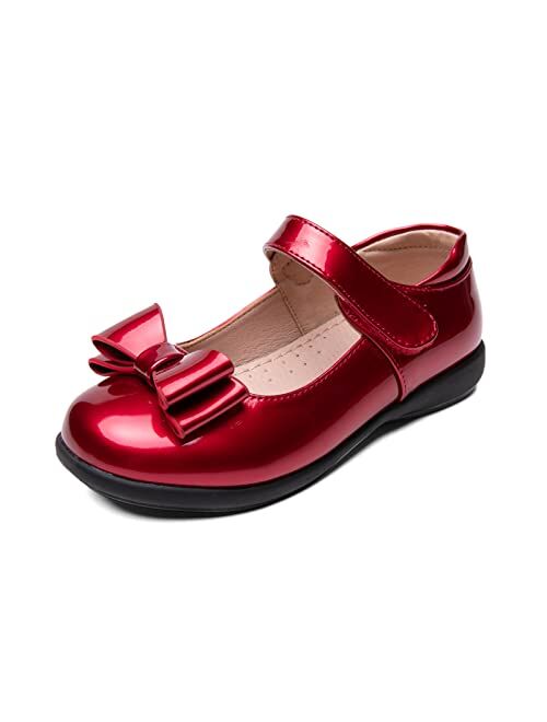 youngshow Girls Patent Leather Loafer Tassel Bow Flats with Hook-and-Loop Fastener School Uniform Dress Shoes for Girls