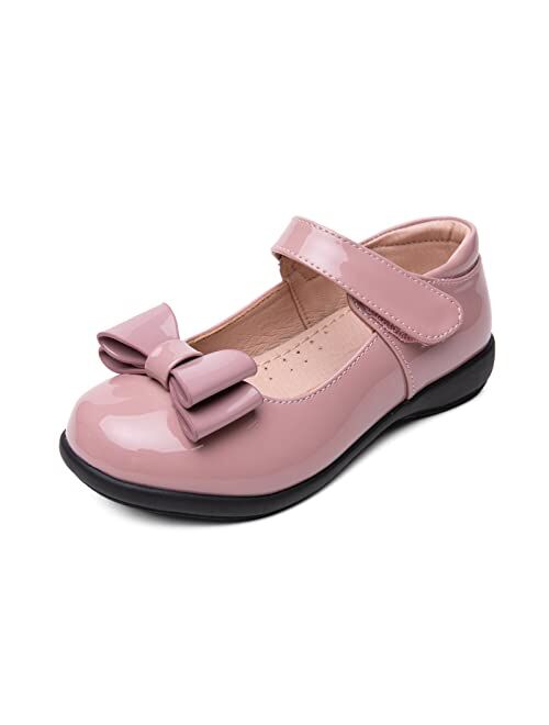 youngshow Girls Patent Leather Loafer Tassel Bow Flats with Hook-and-Loop Fastener School Uniform Dress Shoes for Girls