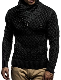 Mens Knitted Pullover | Long-Sleeved Slim fit Shirt | Basic Sweatshirt with Shawl Collar and Faux Leather