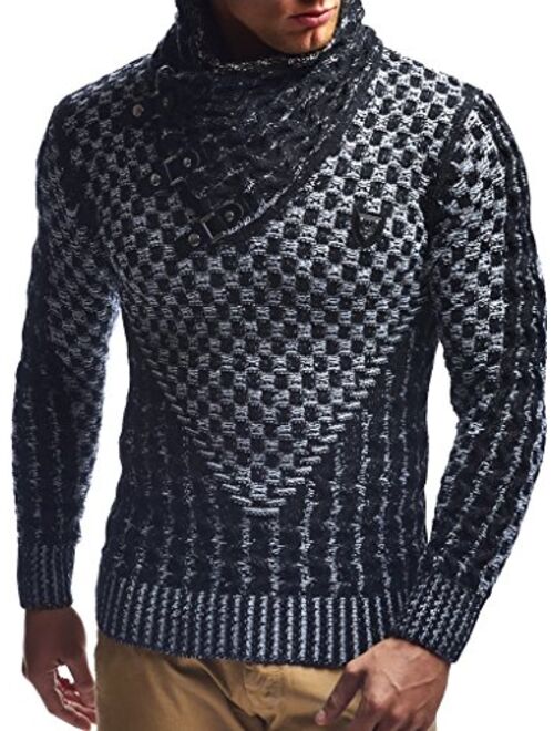 Leif Nelson Mens Knitted Pullover | Long-Sleeved Slim fit Shirt | Basic Sweatshirt with Shawl Collar and Faux Leather