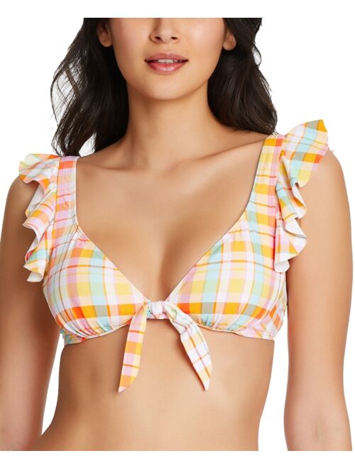 BLEU BY ROD BEATTIE Hip To Be Square Plaid Ruffled Bikini Top