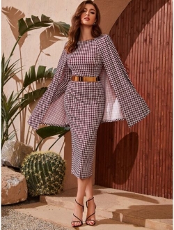 Houndstooth Cloak Sleeve Slit Back Dress Without Belt