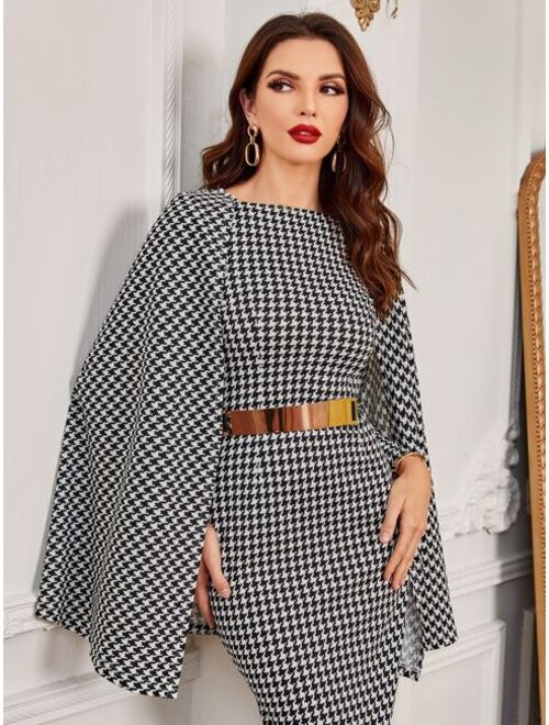 SHEIN Houndstooth Cloak Sleeve Slit Back Dress Without Belt