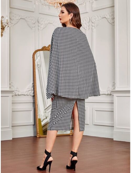 SHEIN Houndstooth Cloak Sleeve Slit Back Dress Without Belt