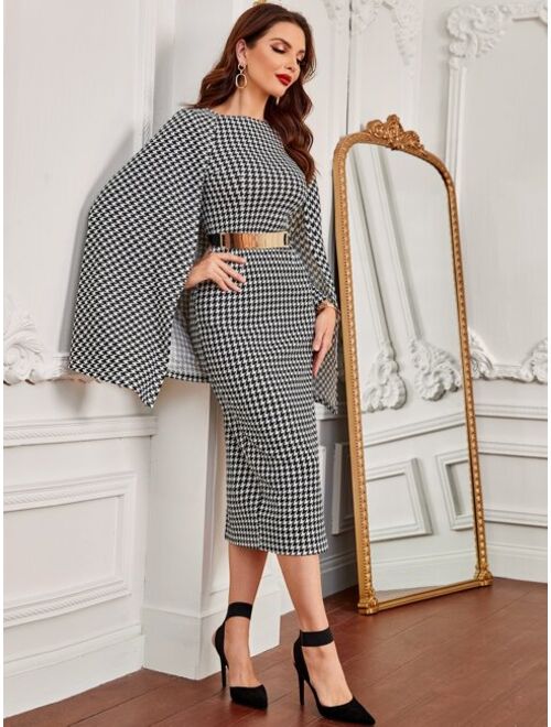 SHEIN Houndstooth Cloak Sleeve Slit Back Dress Without Belt