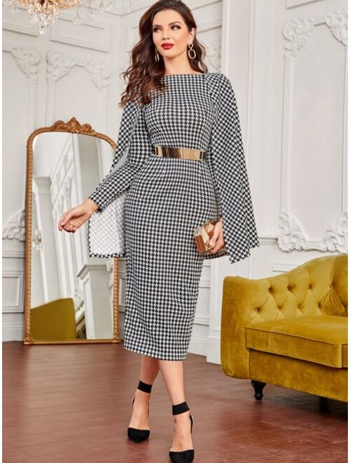 SHEIN Houndstooth Cloak Sleeve Slit Back Dress Without Belt