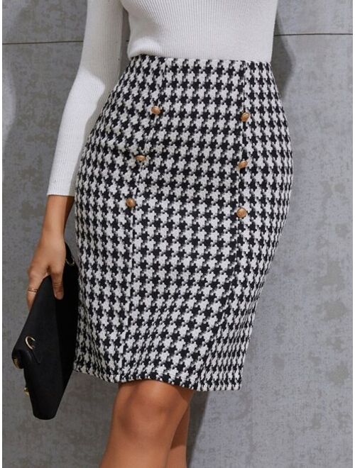 Shein Houndstooth Print Double Breasted Tweed Skirt