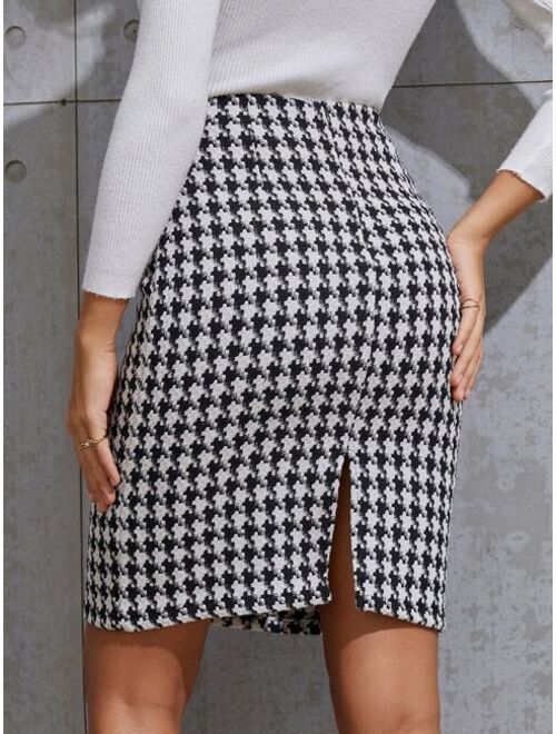 Shein Houndstooth Print Double Breasted Tweed Skirt