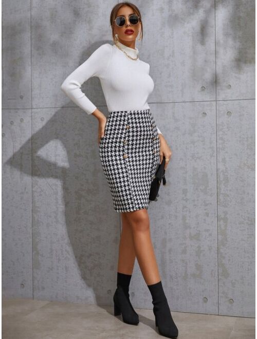 Shein Houndstooth Print Double Breasted Tweed Skirt